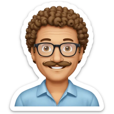 A lightly tanned middle aged man with glasses smiling, curly hair, a mustache ￼ sticker