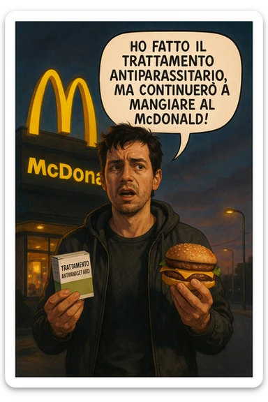 A realistic, cinematic illustration of a man in his early 30s with a confused yet stubborn expression, standing outside a McDonald's at dusk, holding a small box labeled 'Trattamento Antiparassitario' in one hand while holding a large McDonald's burger in the other. He is mid-sentence, saying 'Ho fatto il trattamento antiparassitario, ma continuerò a mangiare al McDonald!' in an expressive speech bubble. The man wears casual streetwear, and behind him, the McDonald's golden arches glow under a neon-lit sky. The mood is ironic and educational, highlighting the contradiction of doing parasite cleanses while continuing unhealthy fast-food habits. The style is realistic with slight illustrative clarity, emphasizing the message humorously while maintaining a serious undertone about lifestyle choices and health in italiano sticker