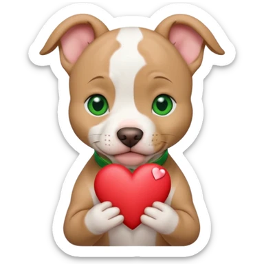 White and tan pitbull puppy with green eyes and cropped ears holding a heart sticker