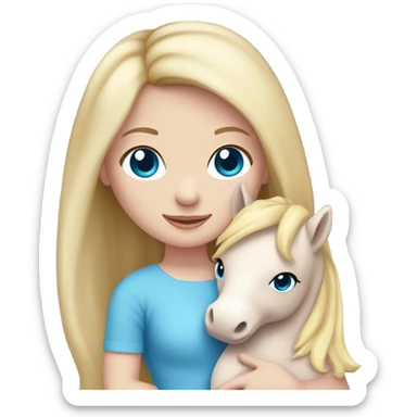 Blonde, pale skin, blue eyes girl wearing a pink dress cuddling her pony stuffed animal. sticker
