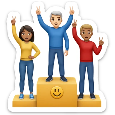 three casually dressed multi-racial people on a winners podium with the center step higher, no numbers, center person holding up one finger on each hand, left person holding up two fingers on each hand, right person holding up three fingers on each hand, cheerful expressive emoji style sticker