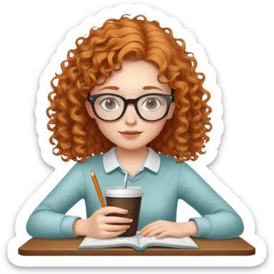 girl with curly slightly ginger hair with transparent glasses writing a script on a notebook and drinking coffee sticker