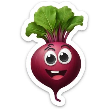 miling beetroot with big expressive eyes, rosy cheeks, and a green leaf on top. Simple and bright design with a cheerful and cartoonish style. sticker