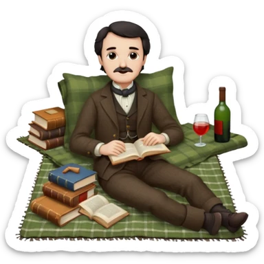 Edgar Allan Poe reclining on a picnic blanket sticker