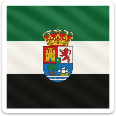 the flag of Extremadura, Spain, with three horizontal stripes: green, white, and black, and the coat of arms of Extremadura in the center sticker