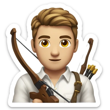 a male, aiming with a bow, facing  his target, eyes closed, wearing a white shirt, very short brown hair, bright skin, only show upper part of the body from waist up sticker