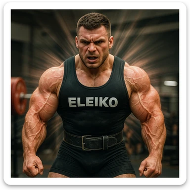 European powerlifter in competition clothing, visibly hypertrophic and growing muscles with expansion visual effect, reddened and inflamed arm tendons, tense atmosphere, realistic details, gym background sticker