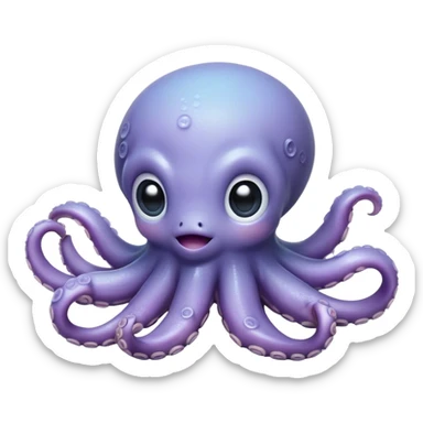 Cinematic Cute Shy Baby Octopus Portrait Emoji, Tentacles tucked slightly inward in an adorably bashful pose, featuring a softly glowing, round light blue-purple body with enormous, soulful eyes peering out timidly, Simplified yet irresistibly adorable features, highly detailed, glowing with a delicate, soothing marine radiance, high shine, quiet yet expressive, stylized with an air of gentle mystery, soft glowing outline, capturing the essence of a tiny, shy deep-sea creature that seems as if it could slowly peek out and explore the world with cautious curiosity! sticker