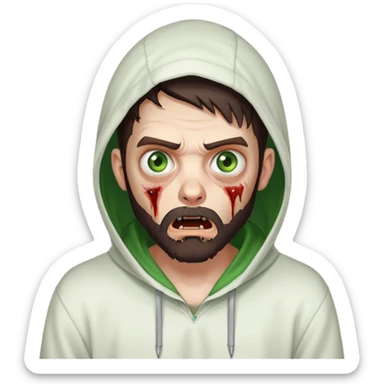 zombie with shocked expression, undercut hairstyle with dark brown hair, short full beard, heterochromia with one green eye and one brown eye, wearing plain white hoodie with hood up sticker