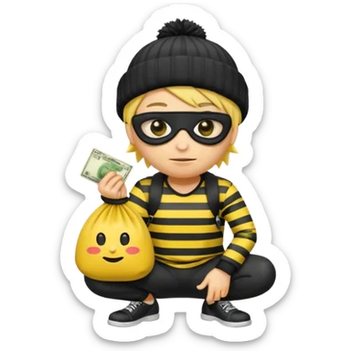 An Apple style rubber emoji is wearing a black beanie and has yellow hair that is spiky but flat hanging out from under it and the robber is wearing a striped shirt and has yellow skin and black eye mask. He also has the money back over his shoulder and is sort of crouching. sticker