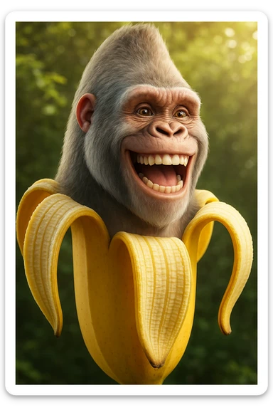 Change the gorilla's expression to a big, joyful smile while keeping the same style and quality as the original image. sticker