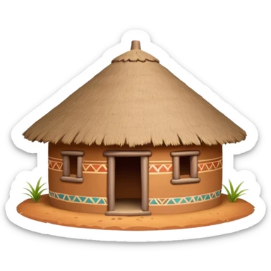 African mud hut tribal house, round adobe clay house, thatched roof, warm sunlight, colorful tribal patterns, cute mobile game icon, 3D cartoon, high detail, clean background sticker