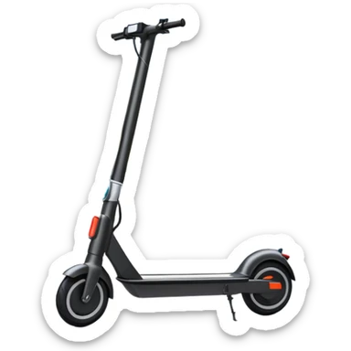 An icon featuring a sleek electric scooter with a modern design, parked on a smooth city sidewalk. The background shows a bustling urban landscape with clear skies, tall buildings, and pedestrians walking by. The scooter is highlighted as a symbol of eco-friendly transportation and modern mobility.  sticker