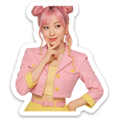 Fluttershy as a human K-pop idol with twin buns hairstyle, fashionable pink and yellow outfit, playful expression, transparent background sticker