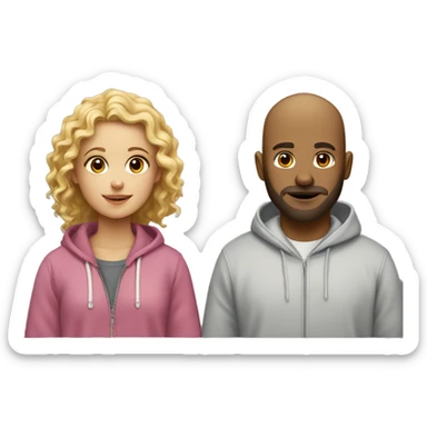 A couple of a girl with beown curly hair and a bald boy with a blond beard. Both wearing hoodies.  sticker