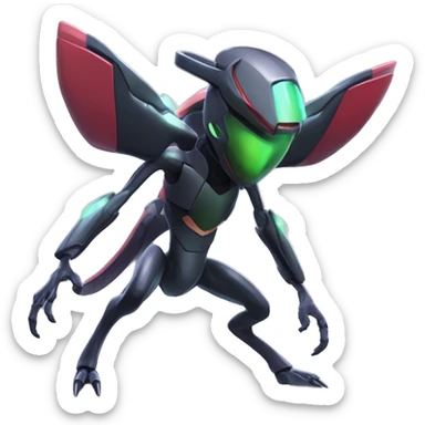 a shiny black Genesect-Flygon-Raptor-Fakémon-Medabot-hybrid with a futuristic visor-helmet full body sticker