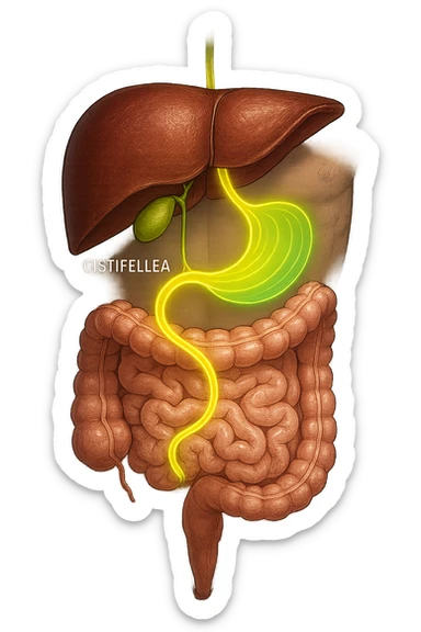 A detailed anatomical illustration-style image focusing on the human torso, highlighting the liver, gallbladder (cistifellea), and intestines. The organs are shown with realistic textures and colors: the liver in deep reddish-brown, the gallbladder as a small greenish sac tucked under the liver, and the intestines in soft pinkish hues. Connecting these organs are glowing, semi-transparent lines or light trails in vibrant colors (e.g., bright yellow or green) that visually trace the functional and physiological links between them. The lines flow smoothly from the liver to the gallbladder and then down to the intestines, symbolizing bile flow and digestive processes. The background is a subtle dark gradient that enhances the brightness and clarity of the lines and organs. The style is a blend of medical illustration and modern digital art, clear, precise, and visually engaging sticker