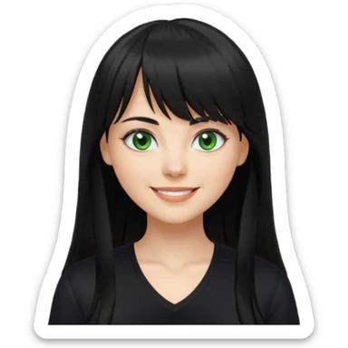 A white woman with Long straight hair with bangs, black hair, green eyes and a black low-cut shirt smiling sticker