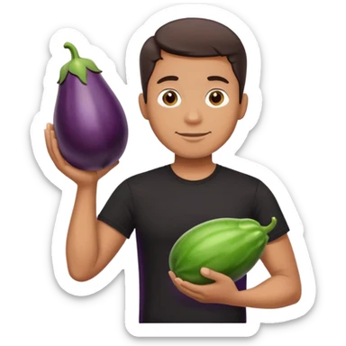 A man in a black t-shirt holding a large eggplant in his hands sticker