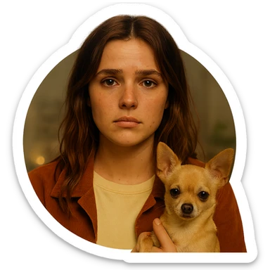 Centered portrait for Instagram profile picture inspired by the facial features visible in the reference images, with a tanned complexion, subtle freckles, shirt color #FFF8CA, rust-colored jacket, medium-length brown hair with auburn highlights, sad and resigned expression, holding a beige-brown chihuahua, Netflix series style, transparent background, intimate Tenerife ambiance. sticker