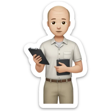 man mid 30's tired shirt and trousers balding hairline standing holding a clipboard sticker