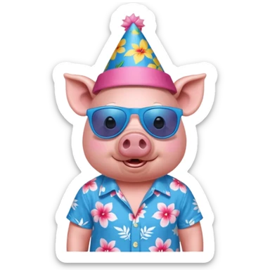 Pig with blue aloha shirt, birthday hat, sunglasses sticker