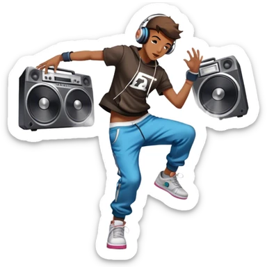 Icon for Street Dance: a dancer in urban streetwear performing a dynamic lower breakdance move, with a spray-painted background, headphones, and a boombox on the asphalt. The icon should capture the energy, style, and creativity of street dance culture. Transparent background. sticker