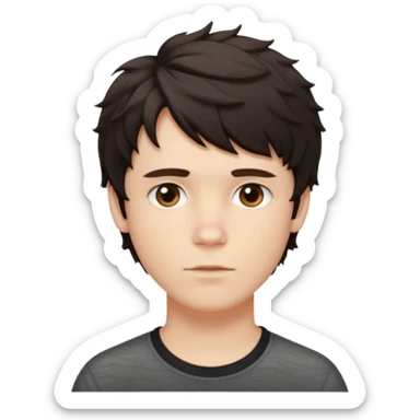 À emoji that don’t smile Dark brown thick hair, medium-length textured top with loose natural waves, short tapered sides, soft messy fringe, natural volume(No long hair it like a side part with wave and texture ) the guy is white and it’s a boy sticker