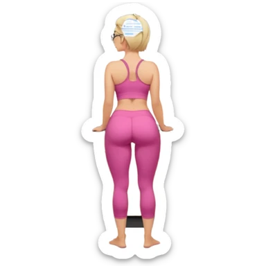 Render from knees up, view from the back, fair skinned woman, curvy, short blond hair, small reading glasses, cooking dinner in kitchen, pink loose tank top, showing natural B cup breast shape SFW, black yoga pants, large curvy booty sticker