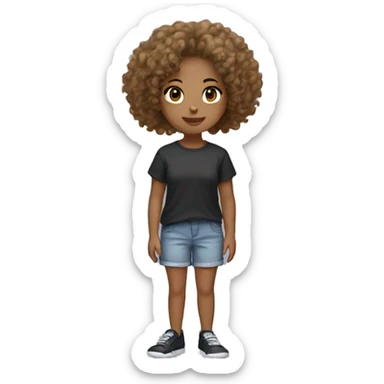 A girl with curly hair light brown skin with a baggy tee shirt and shorts with black slides sticker