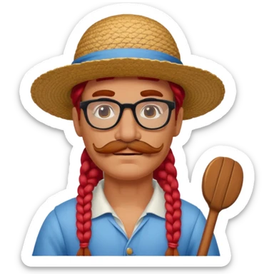 venice gondolier with long red braided hair, iconic hat, normal glassess and mustache sticker