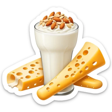A glowing white bone surrounded by calcium-rich foods: shredded cheese, natural yogurt, sesame seeds and almonds beside a single bone sticker