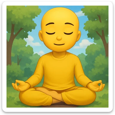 Add a peaceful nature background with trees and sky behind the meditating emoji, keep the classic emoji style sticker