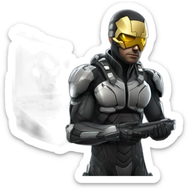 Side view developer behind his laptop with this style : Crytek Crysis Video game with nanosuit hacker themed character sticker