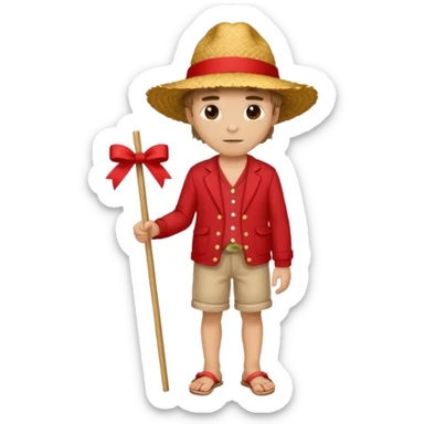 Make a guy with a straw hat and the hat has a red rebin and a red jacket and sandals and a x on he's chest sticker