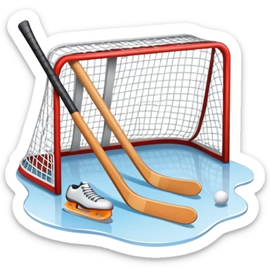 An icon showing a close-up of a hockey stick, puck, skates, and hockey net placed on the ice. The background features a packed stadium with bright lights, cheering fans, and snowy scenery outside. Transparent background highlights the key elements of the game. sticker