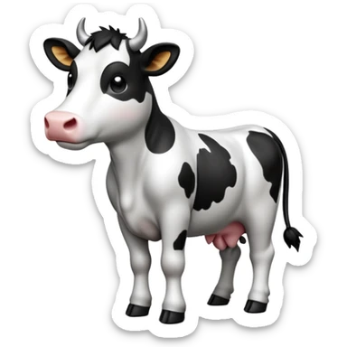 cinematic-[cow]-realistic-full-body-standing-emoji,-tail-flicking-lazily,-head-tilted-dramatically,-sleek-[black and white]-fur,-simplified-yet-realistic-focused-features,-highly-detailed,-glowing-with-an-almost-sarcastic-glow sticker