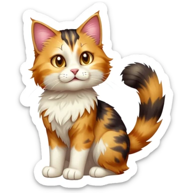 cinematic-[calico tabby cat]-realistic-full-body-sitting-emoji,-tail-curled-playfully-around-its-paws,-head-tilted-dramatically,-scruffy-[calico]-fur,-simplified-yet-realistic-adorable-features,-highly-detailed,-glowing-with-an-almost-sarcastic-glow sticker
