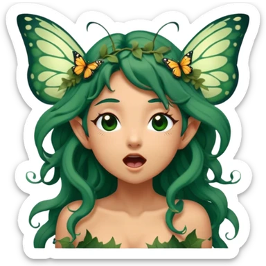 Cinematic Realistic Forest Nymph Fairy Portrait, head tilted slightly with a dramatic, wide-open yawn, revealing a tender, relaxed visage with finely detailed tanned skin and flowing, vine-adorned dark green hair gently framing her face. Her sleepy eyes exude a serene, dreamlike quality as soft natural sunlight filters through the canopy, showing her large butterfly wings from her back capturing the essence of a drowsy yet captivating forest nymph drifting into peaceful slumber. sticker