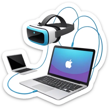 An emoji of VR/AR technology. VR headset connected by a wire to a laptop, symbolizing the development process. Floating 3D models or virtual objects to indicate interaction with the technology. Use modern, tech-inspired colors. Do not include any emojis or smiley faces. background transparent. sticker
