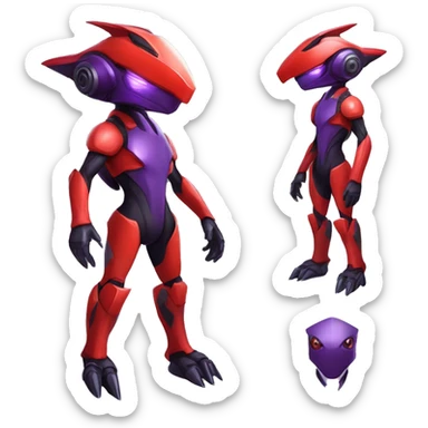 a shiny black-red-purple Genesect-Raptor-Fakémon—hybrid with a futuristic visor-helmet full body sticker