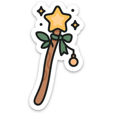 A cute and magical wand with an elegant, whimsical design, incorporating a color palette of golden orange (FA9B41), forest green (4A7C5C), soft taupe brown (96775A), and pastel peach (FFCC9A). The wand is slender and slightly curved, made of smooth wood with delicate carvings. At the top, there's a glowing gem or star in peachy tones, surrounded by tiny sparkles. Decorative elements like a ribbon, tiny leaves, or a small charm add a cozy, storybook-like charm. The overall look is gentle, enchanting, and magical, perfect for a forest fairy or a kindhearted young wizard sticker