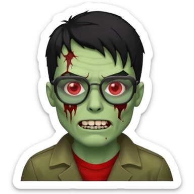 homem zumbi de óculos cabelo preto com muita olheira deixar pele dele verde dentes brancos e olhos vermelhos e ensanguentados deixar óculos quadrado e preto e olhos cheio de veias vermelhas e encher o rosto de piercings colocar piercing em todo rosto sticker