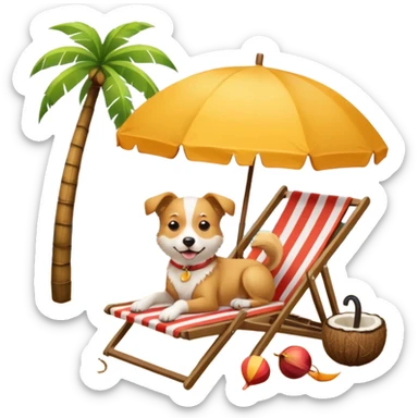 a dog laied on a beach chair, a sunny beach, a sun umbrella, and beach coconut trees. the icon should capture the essence of a relaxing beach vacation with a carefree atmosphere sticker