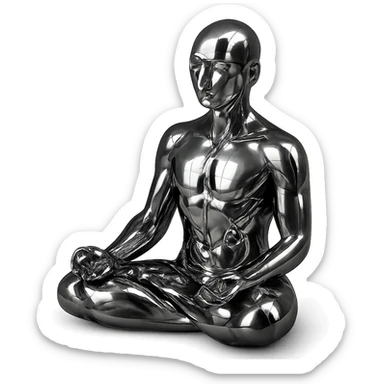 a serene gathering of metallic chrome figures, diverse, meditating in the lotus position, peaceful and harmonious, no background sticker