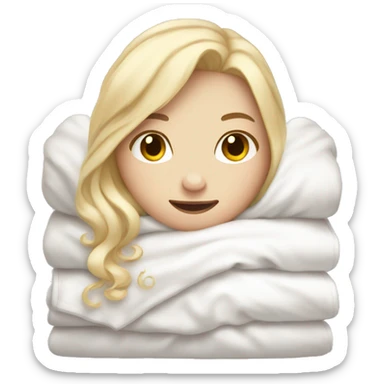 Pale Girl with blonde hair  laying down cozy in a white blanket sticker