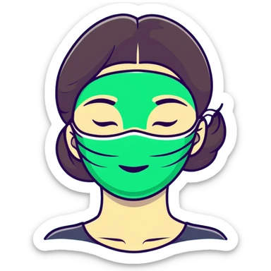 Girl with closed eyes sleeping with green beauty face mask on, relaxing self care moment sticker