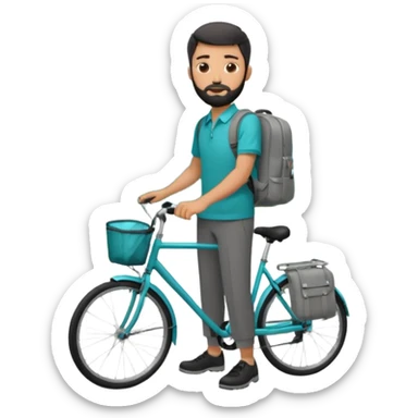 a man with a grey backpack and a torquoise byciycl and he has black shot=rt man hair and a beard with a polo grey shirt and dress pants sticker