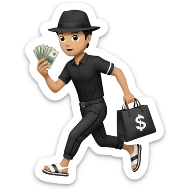 Make a man wear a black pant and he shirt is balck line and white line and wear a black hat and he holding a money bag and he running he wear a black eye thing no money in the Left hand and he yellow and the money bag in the right he wear a flip flop like this is Money bag 💰 NO MONEY sticker