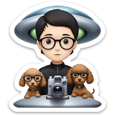 A little boy with straight black medium-length hair, white skin, and black eyes wearing black-framed glasses is taking photos on a UFO with a camera. Beside him, there is an alien and a brown round-headed poodle. sticker